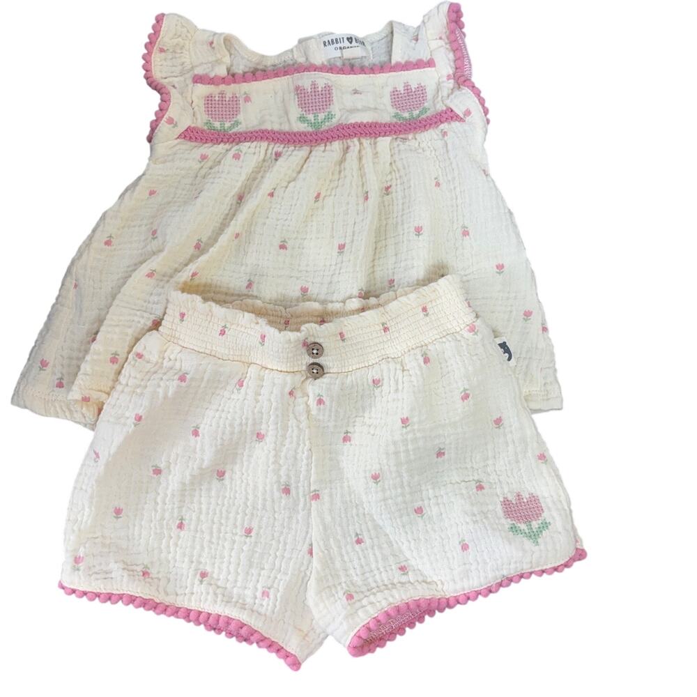 Rabbit + Bear Girls 2 Pc Summer Shorts Outfit 2T Cream Pink 100% Organic Cotton